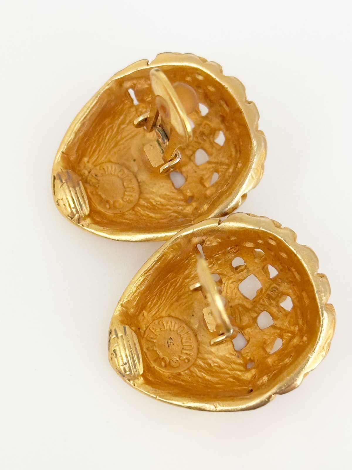 Vintage Clara Studio Earrings Signed Brushed Gold Tone Basket Weave Clip On