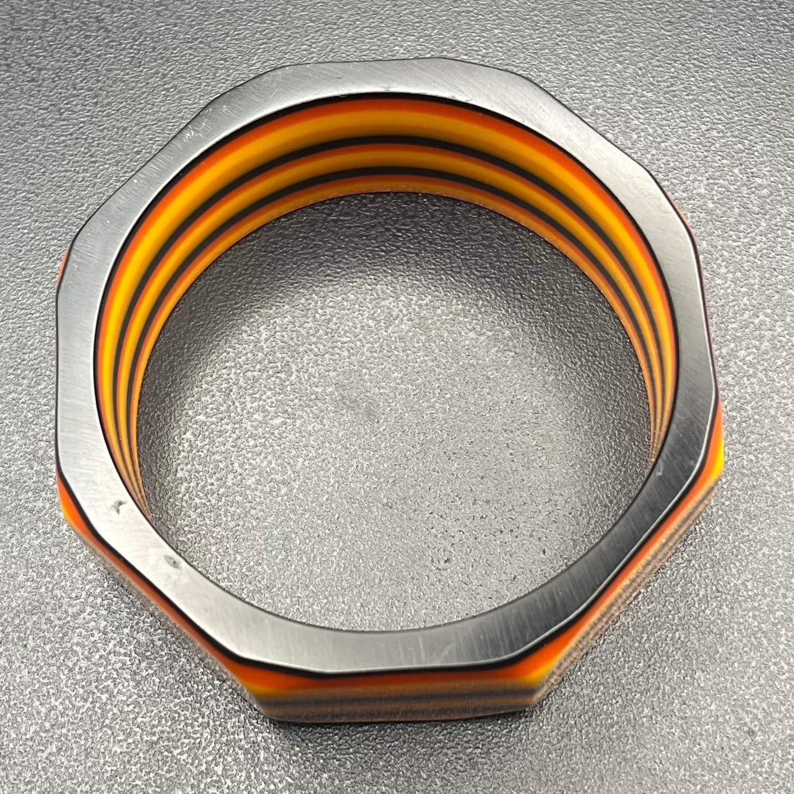 Vintage Laminated Lucite Octagonal Bangle Bracelet Orange Yellow Black Wide