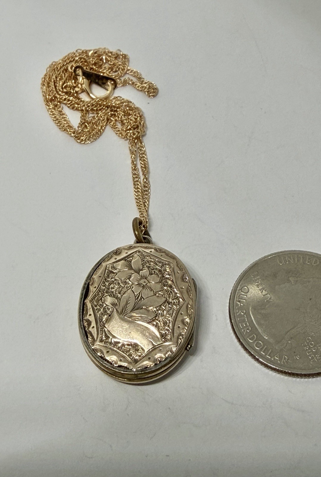 Antique Double Sided Rose Rolled Gold Fleur de Lys Flower Locket Necklace AS IS