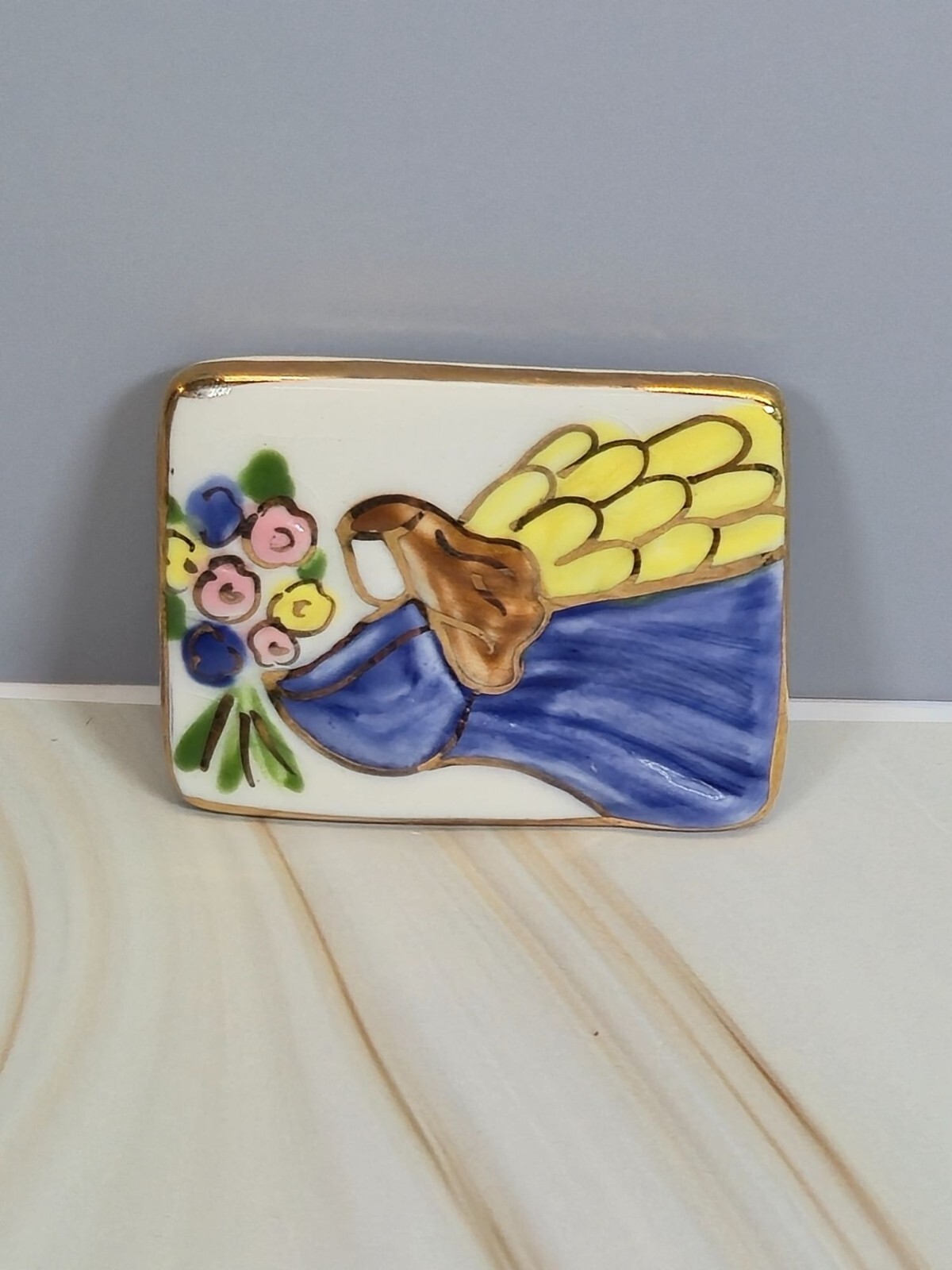 Ceramic Brooch Angel Hand-painted Watercolor Gold Gild Floral Vintage Jewelry…