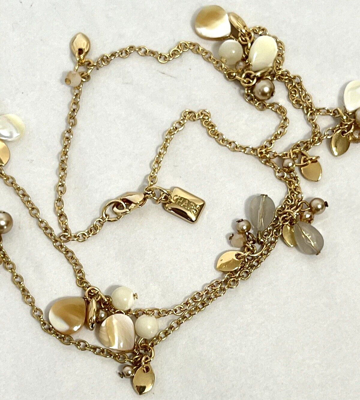 LOT OF 2 NECKLACES GOLD TONE CHAPS VINTAGE CHAIN/BELT MOTHER OF PEARL 32-36 IN