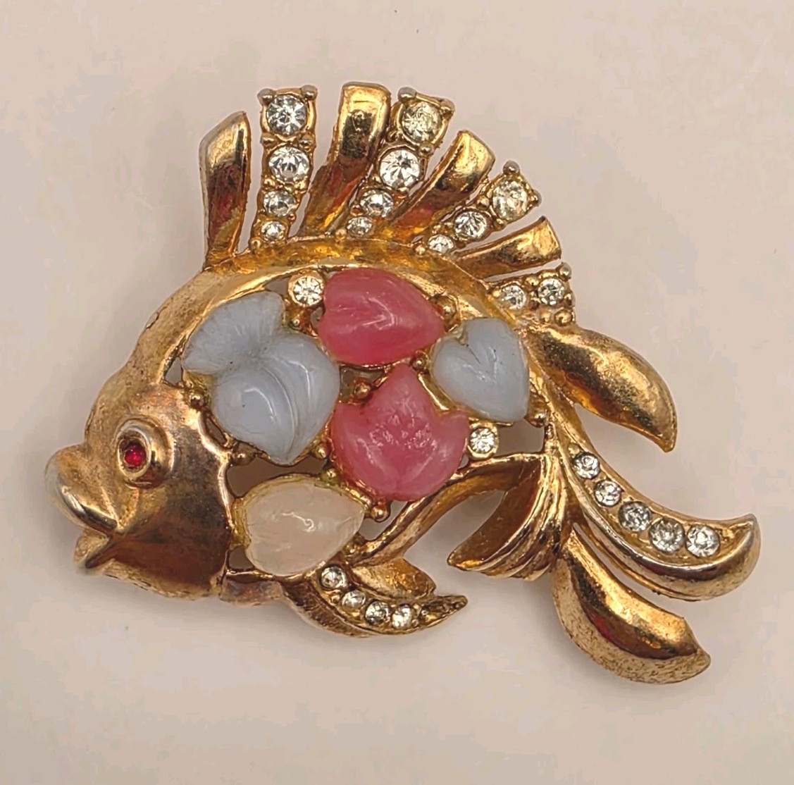 Vintage Pink, White, Blue Pressed Glass W/Crystals Tutti Frutti Fish Brooch