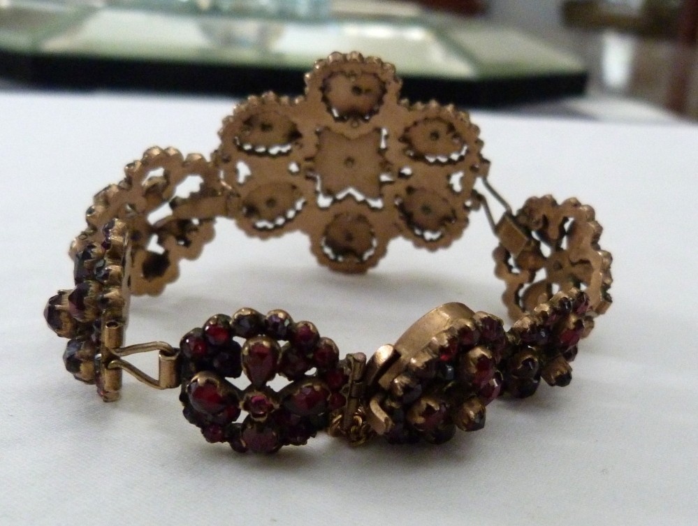 1 5/8″ WIDE ANTIQUE VINTAGE BOHEMIAN GARNET GOLD GILT STERLING SILVER BRACELET