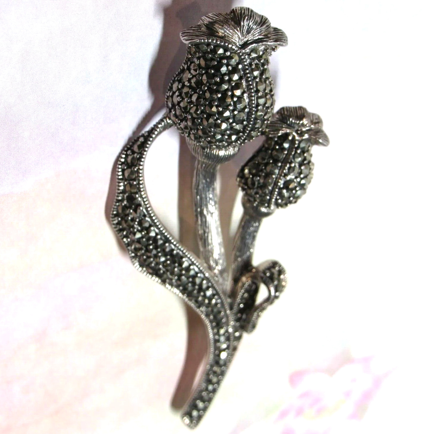 Sterling Silver Marcasite Tulip Leaf Flower Pin Hypoallergenic Nickel Free 14.5g