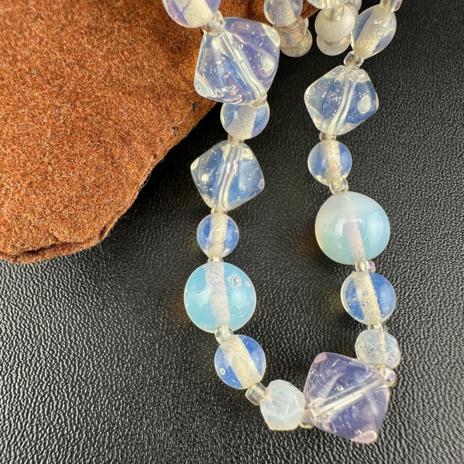 Vintage Opalite Glass Bead Necklace 31″ Faceted Round Hook Clasp Adjustable