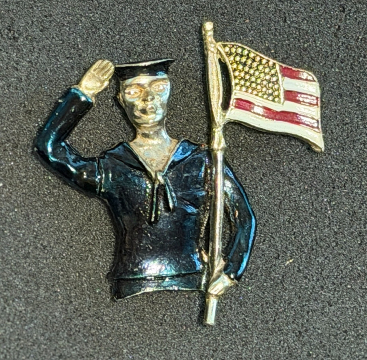 Vintage Enamel Sailor Pin with Saluting Arm and American Flag 1940s