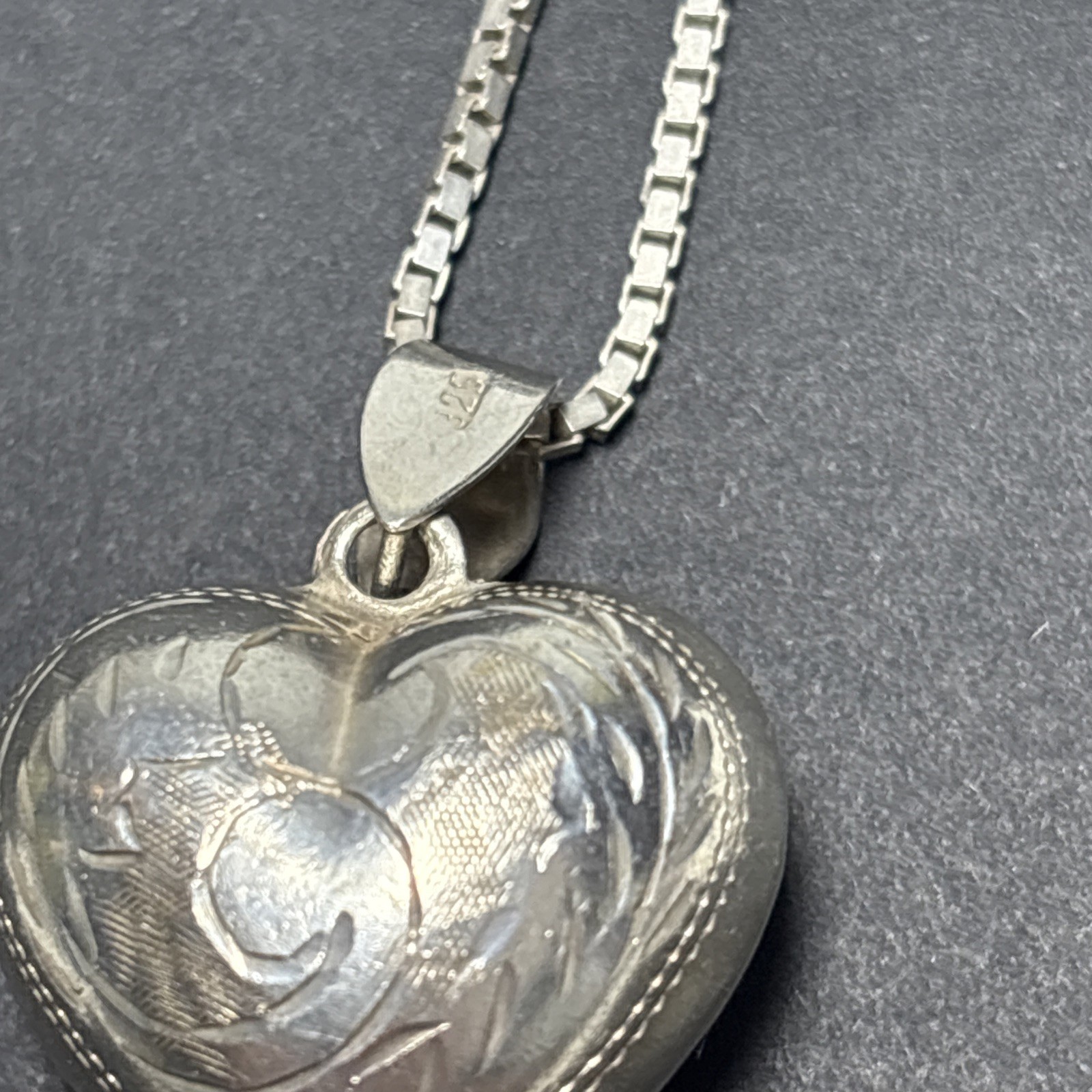 Vintage Sterling Silver Puffy Heart Pendant Necklace 20” Box Chain 925