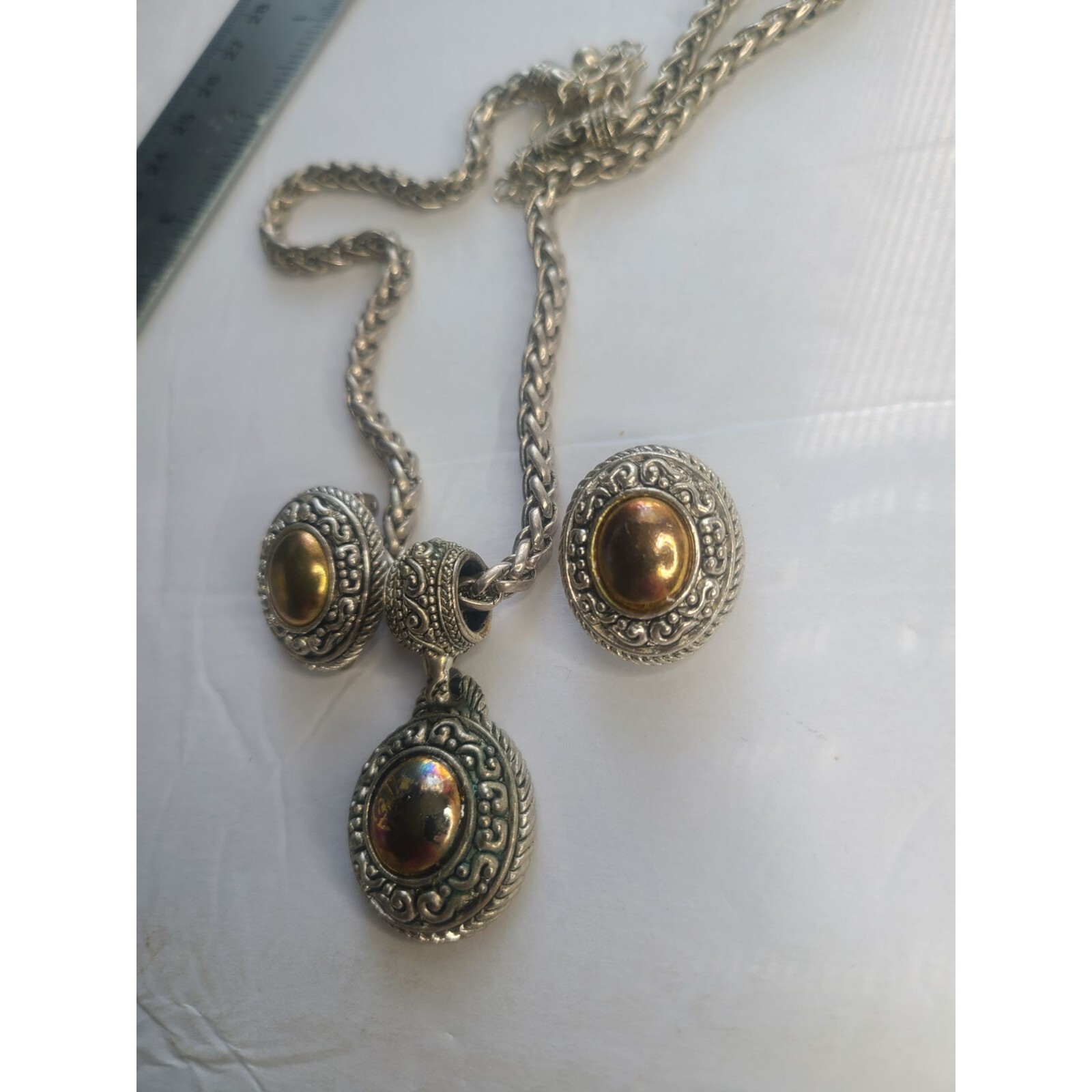 Vintage Avon Bohemian Silver & Gold Tone Jewelry Set Necklace & ClipOn Earrings