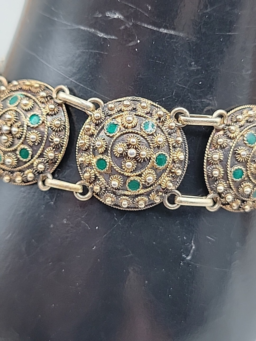 Antique Dutch 833 Silver Filigree Bracelet Green Glass Art Deco S-Hertogenbosch