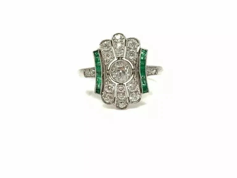 3.2Ct Art Deco Lab Created Diamond & Emerald Engagement 14K White Gold FN Ring