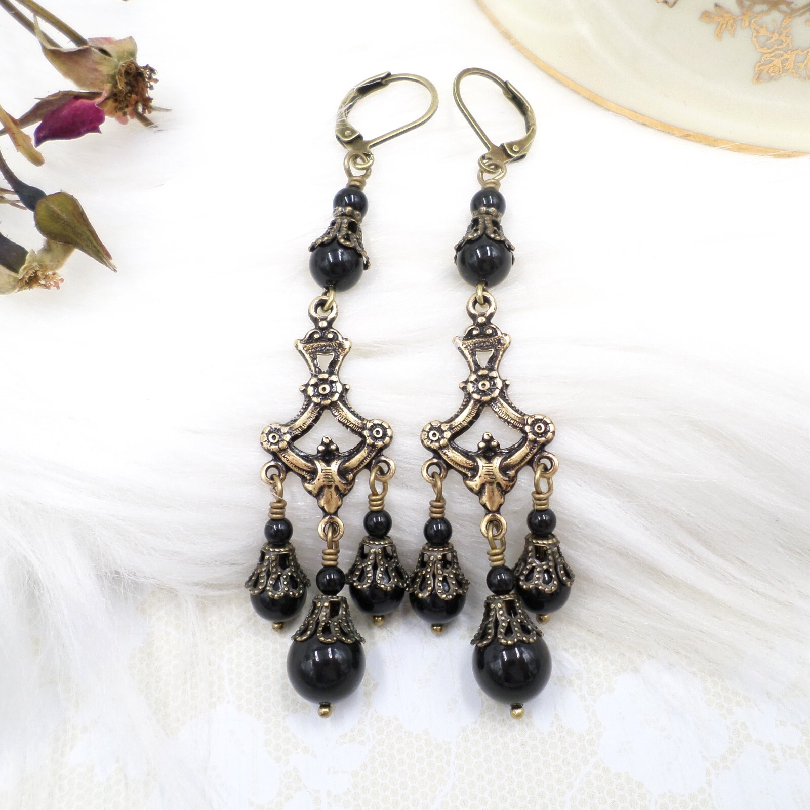 Victorian Mourning Earrings Jet Black Glass Bead Chandelier Filigree Handmade