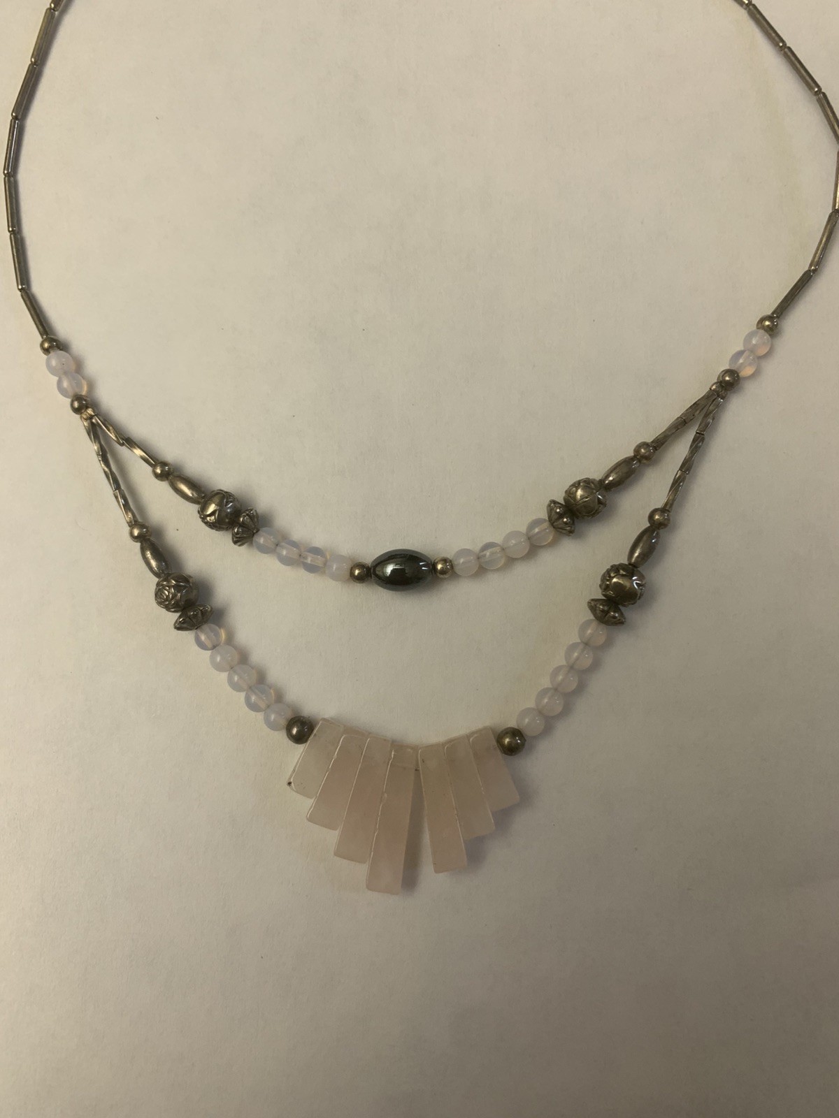 Vintage Liquid Silver Two Strand Natural Stone Rose Quartz Beaded Necklace 19”
