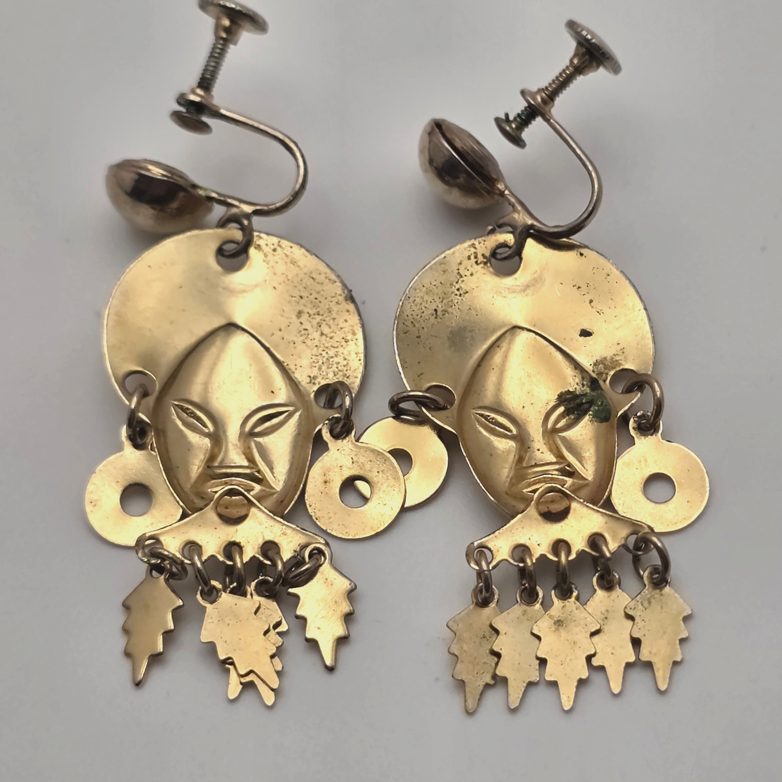 Vintage Gold Tone Tribal Mask Dangle Earrings Screw Back African Ethnic 2 In