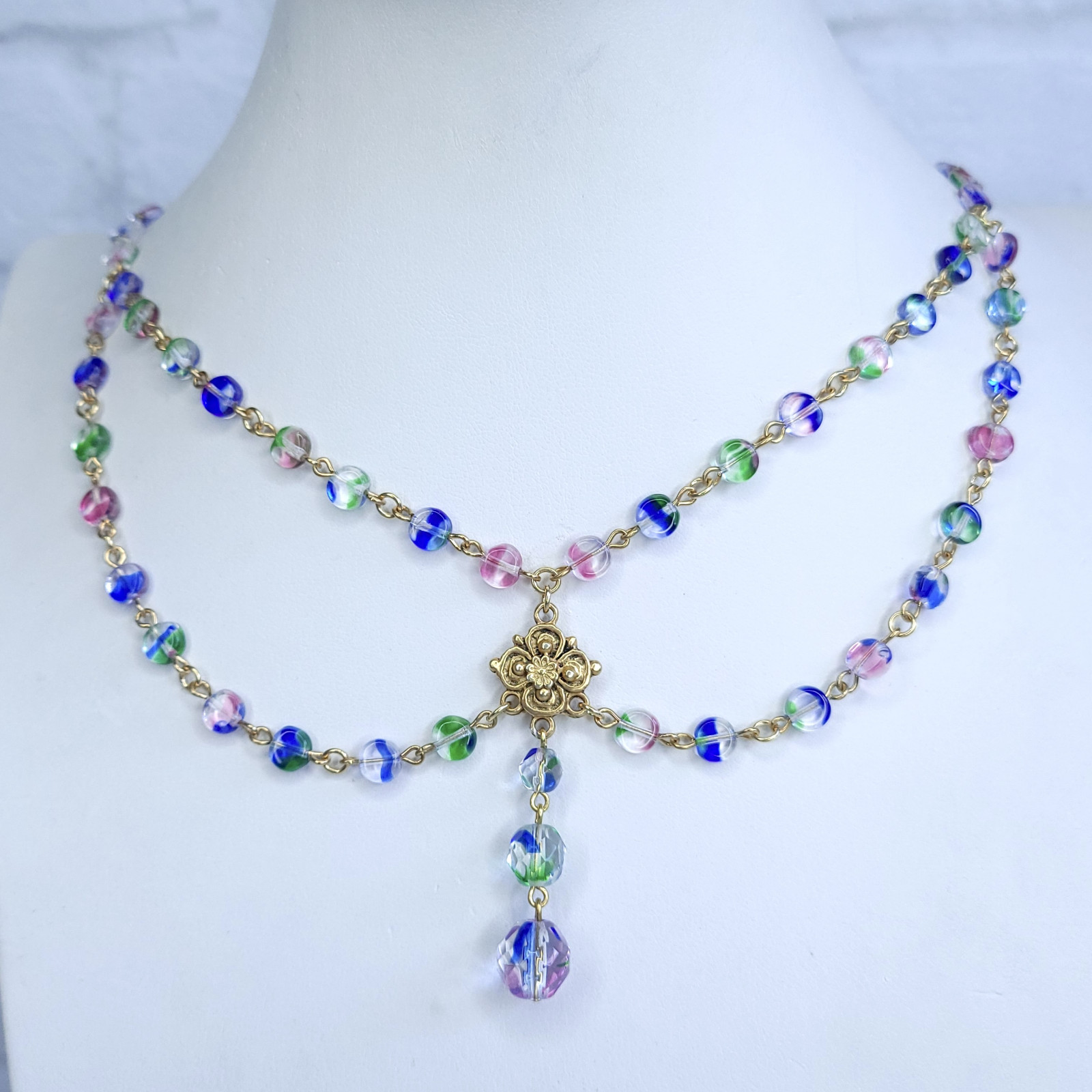 Iris Glass Necklace 18” Multicolor Czech Vintage Beads Women`s Jewelry