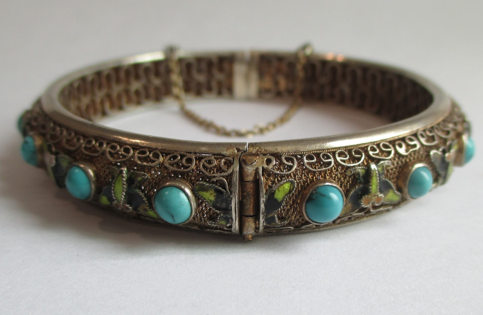 VINTAGE CHINESE STERLING SILVER ENAMEL TURQUOISE HINGED BANGLE BRACLET EXPORT