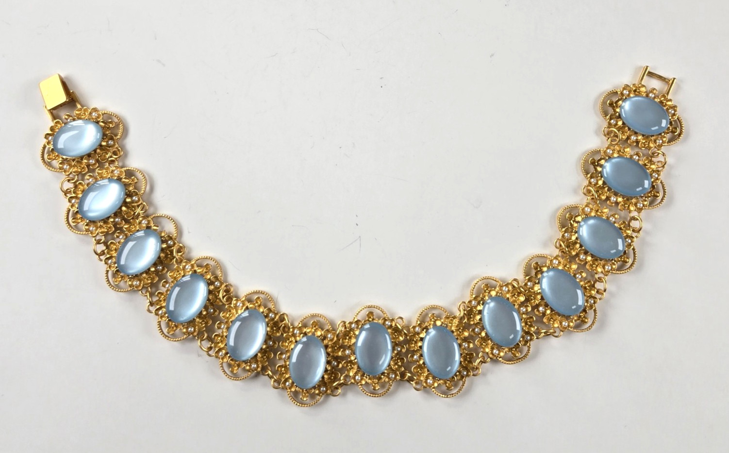 Moonglow Blue Lucite Gold Link Collar, Vintage Filigree Choker Necklace