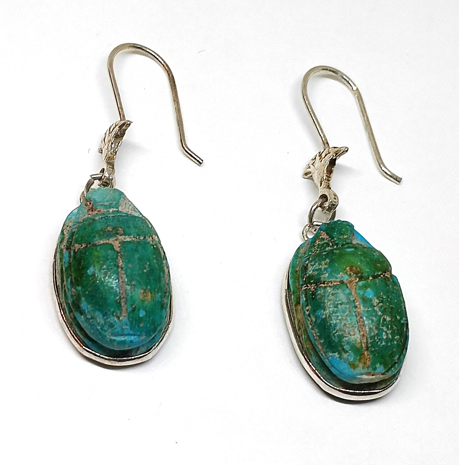Vintage Egyptian Revival Scarab Earrings Dangle Drop Silver Tone