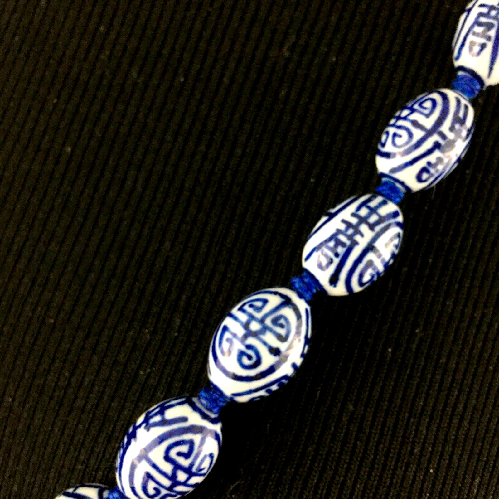 CHINESE porcelain necklace – blue & white barrel beads shou symbol 29″ knotted