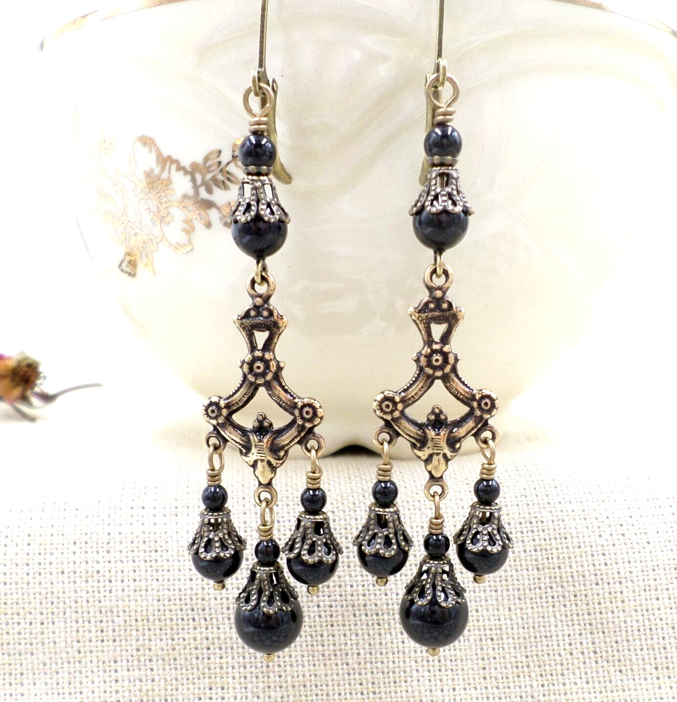 Victorian Mourning Earrings Jet Black Glass Bead Chandelier Filigree Handmade