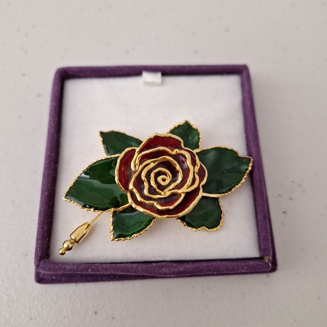 VINTAGE METAL ENAMEL ROSE FLOWER PIN BROOCH RUFFLE PETALS Rose 3″ NEW