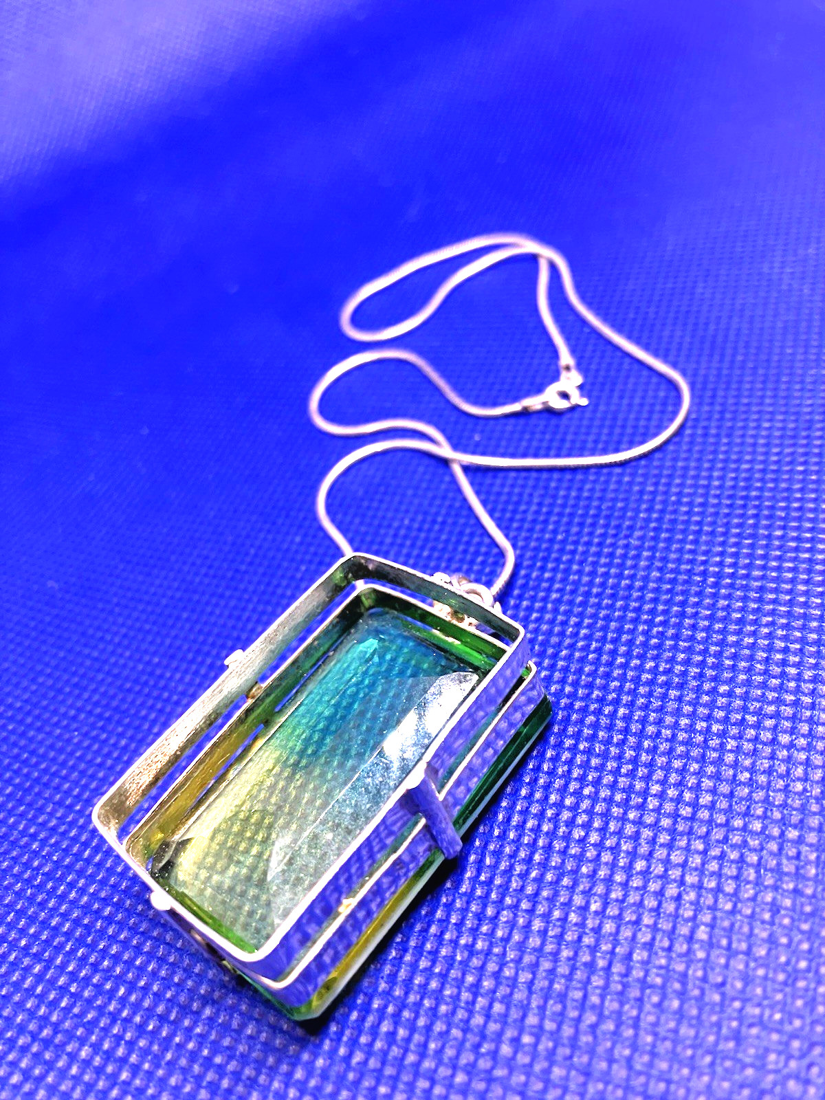 Large Square Faceted Green RS Necklace n Italy 925 Sterling Silver Chain/Setting
