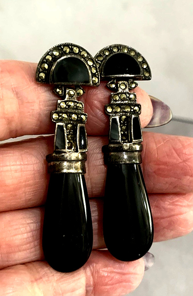 Vintage Signed 925 ND Sterling Black Onyx & Marcasite PE Dangle Earrings