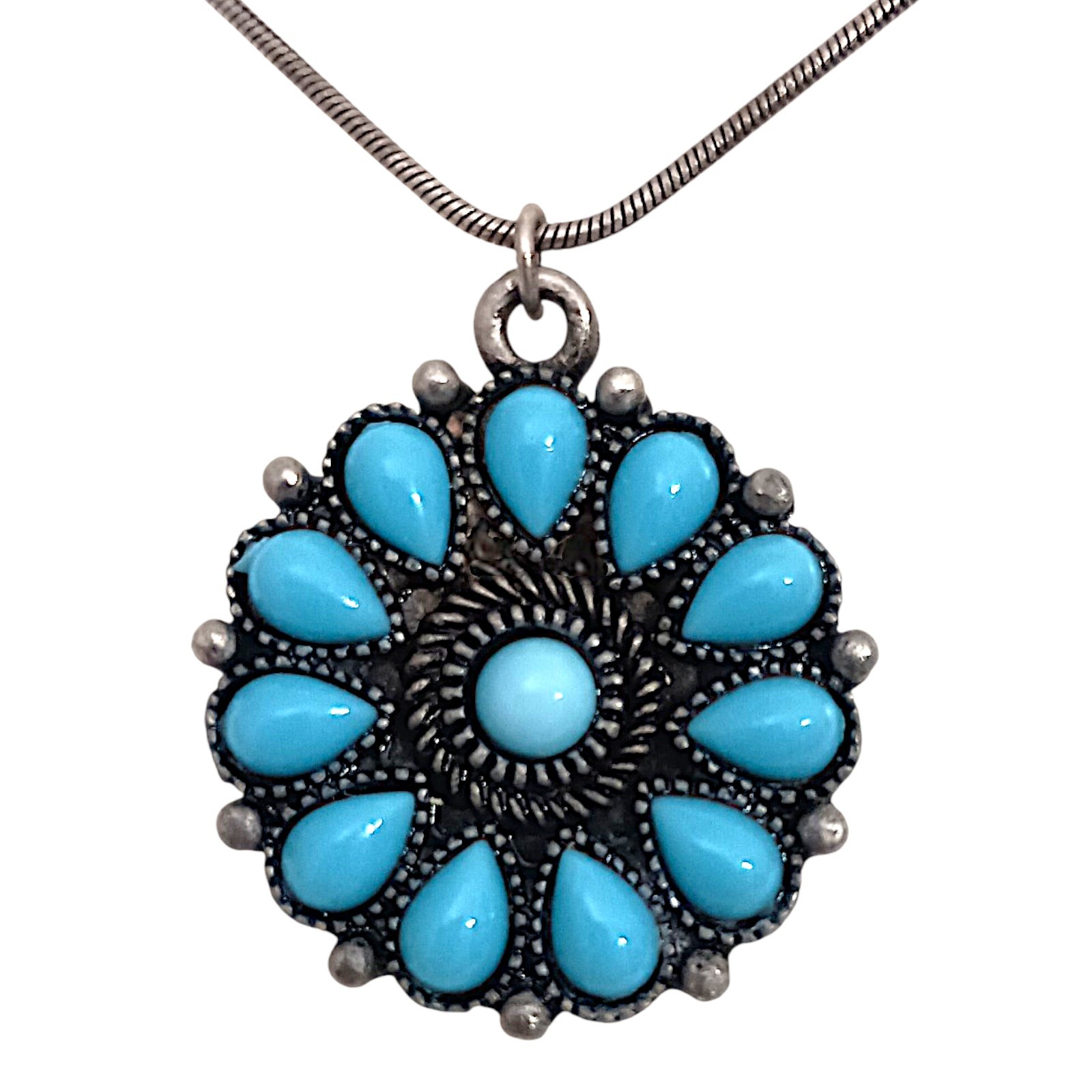 Robert Rose Pendant Faux Turquoise Necklace Antique Silver Tone Southwestern
