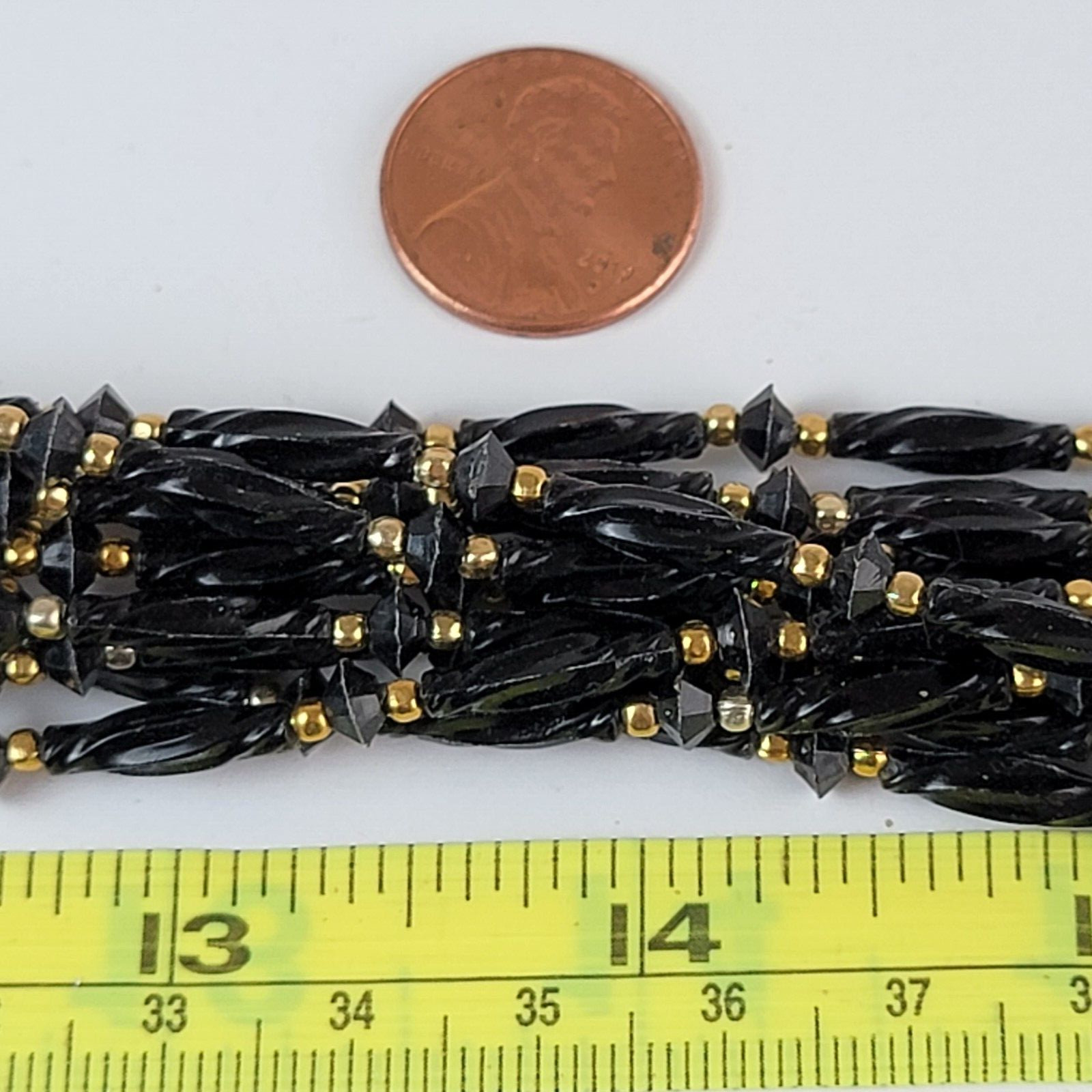 Vintage Hong Kong Black & Gold Seed Bead Multi Strand Necklace 21 in Hook Clasp