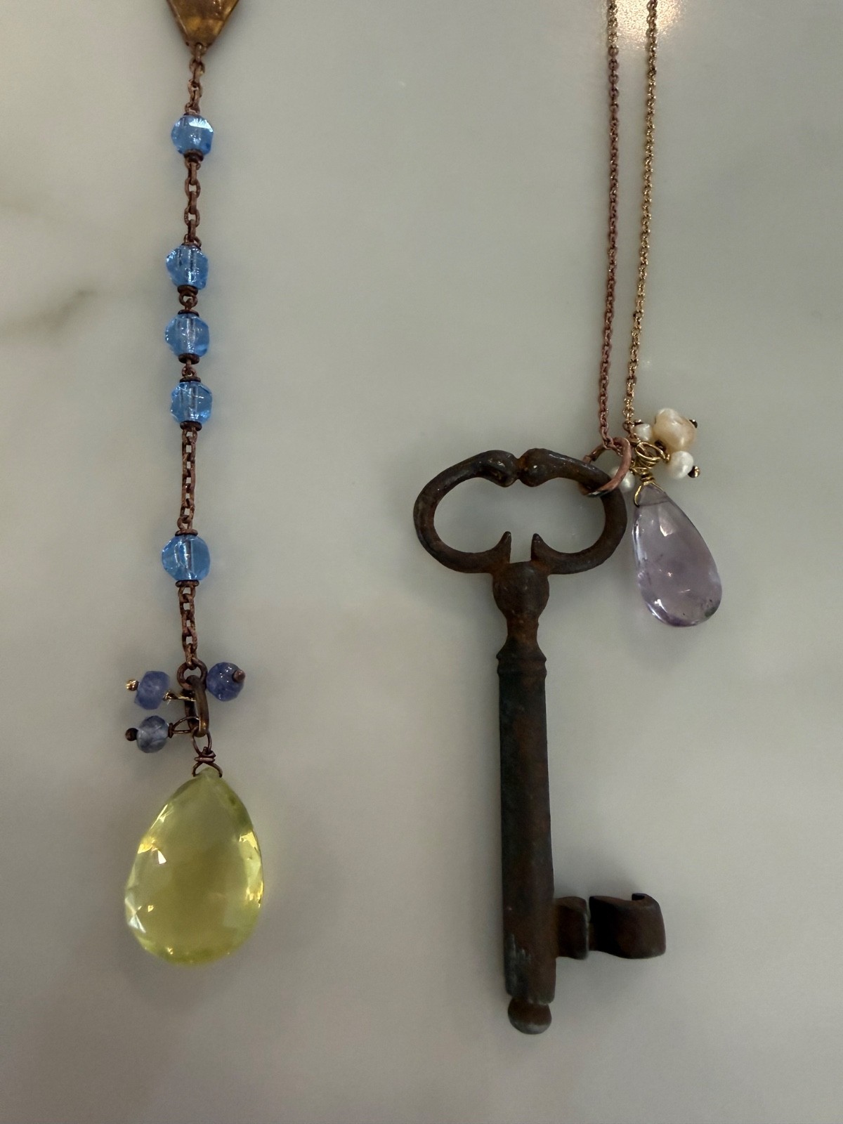 Lot of 2 Provence, France Vintage Rosary Necklace and Key Necklace Lemon Quartz