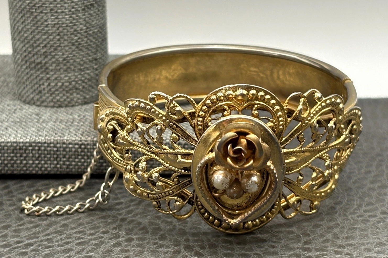 Vintage Gold Tone Filigree Bangle Bracelet Pearl Accents Rose Motif Hinged