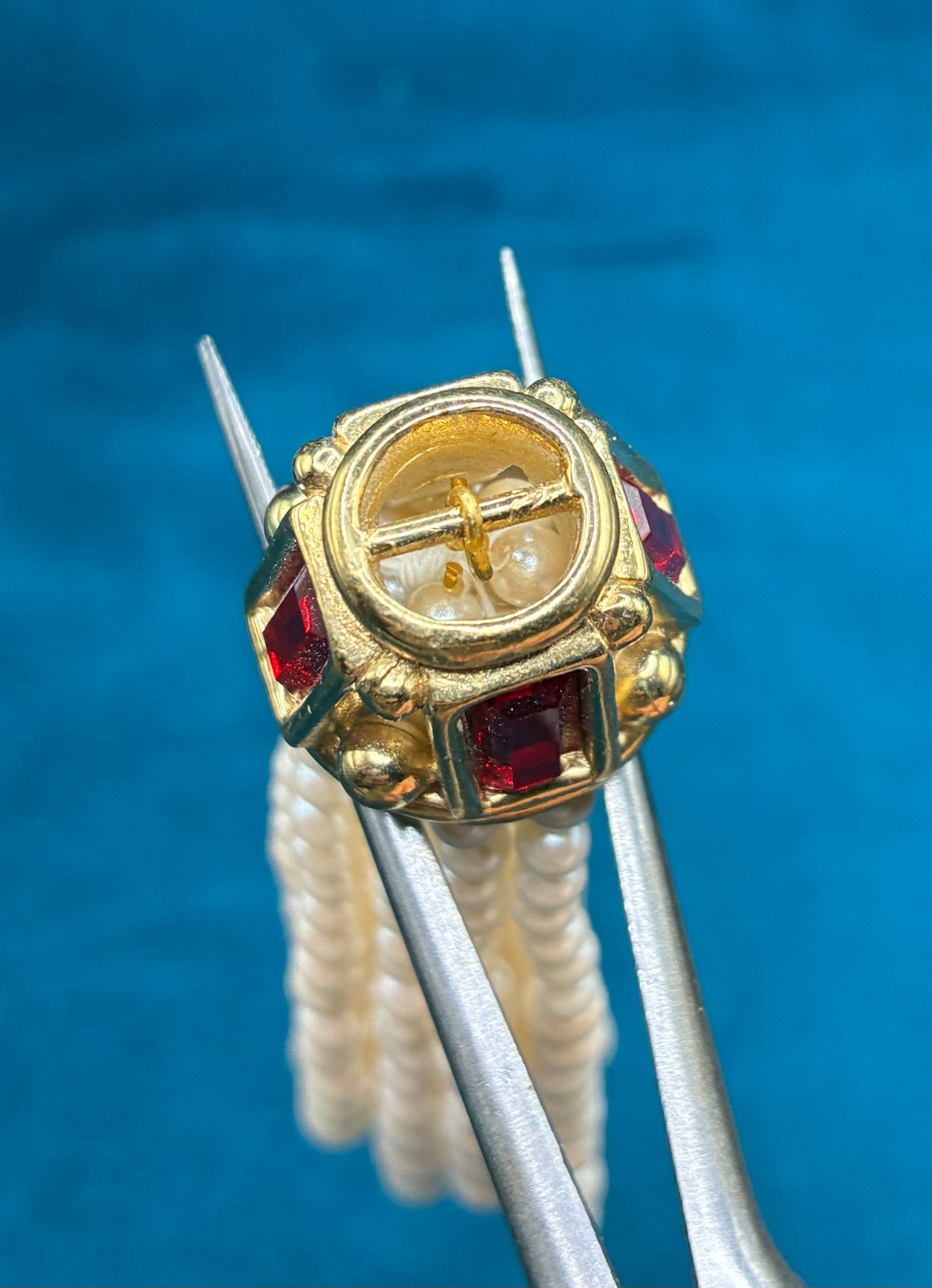 Vintage Givenchy Tassel Faux Pearl Gold Tone Red Glass Accent Part Only READ