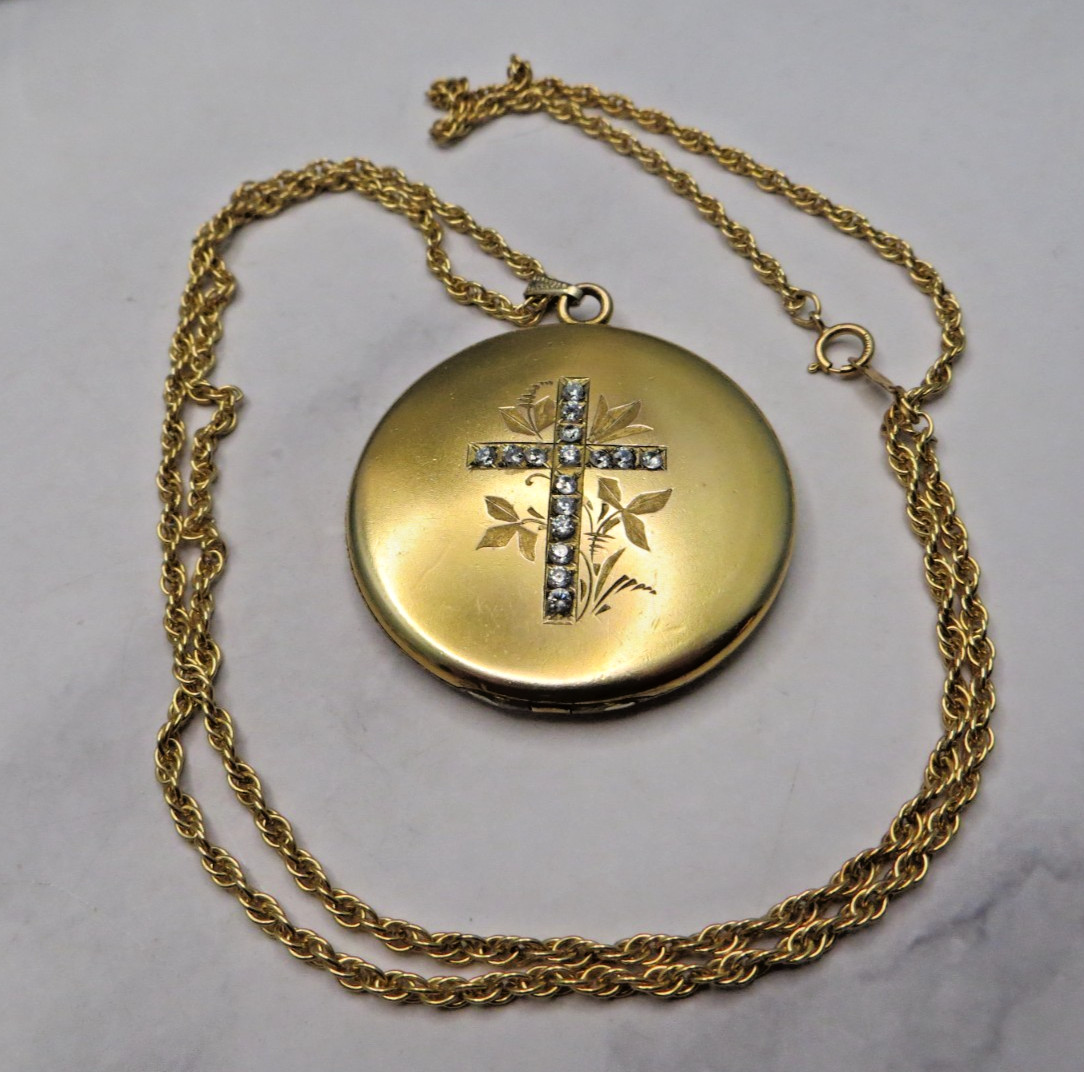 Vintage B&B 14k GF Yellow Gold Filled Chain Necklace Large CZ Cross Locket #408