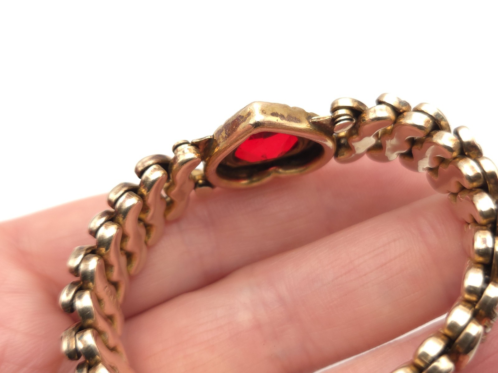 Vintage DFB Carmen Deluxe Gold Filled Sweetheart Red Glass Expansion Bracelet