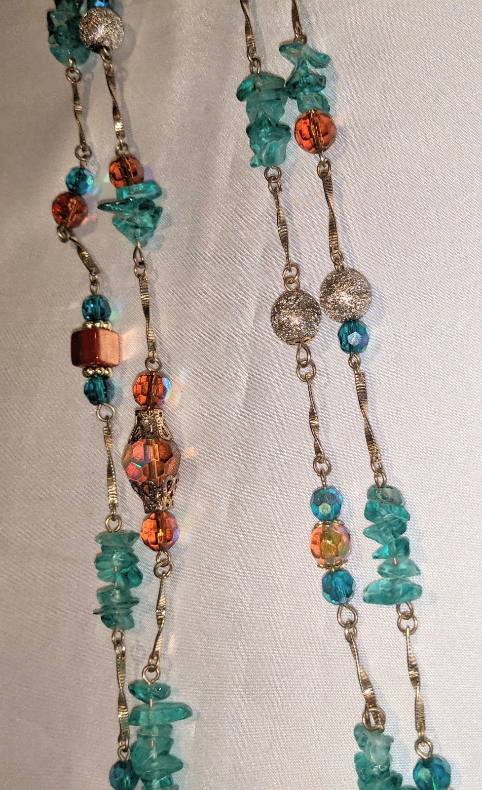 Vintage Bohemian Ethnic Long Necklace and Earrings Set AB Glass Beads Gold Tone