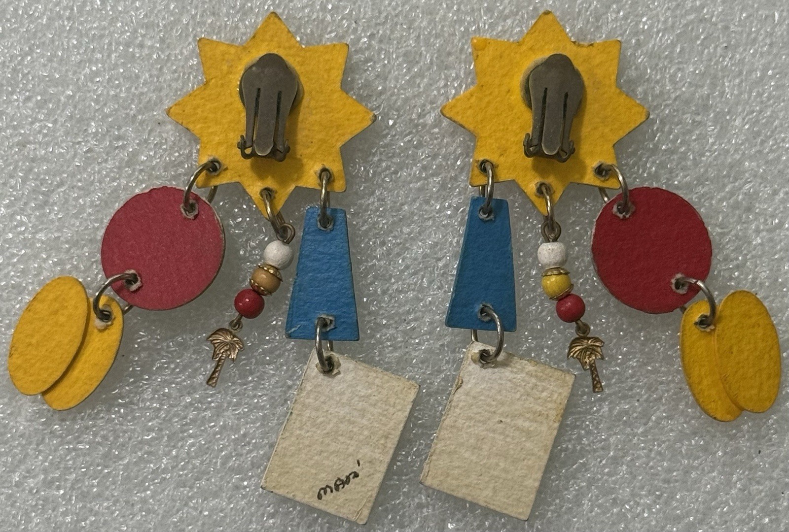 HUGE 1980s Wearable Folk Art Signed Mari SUN BEACH FUN Mixed Media Clip Earrings
