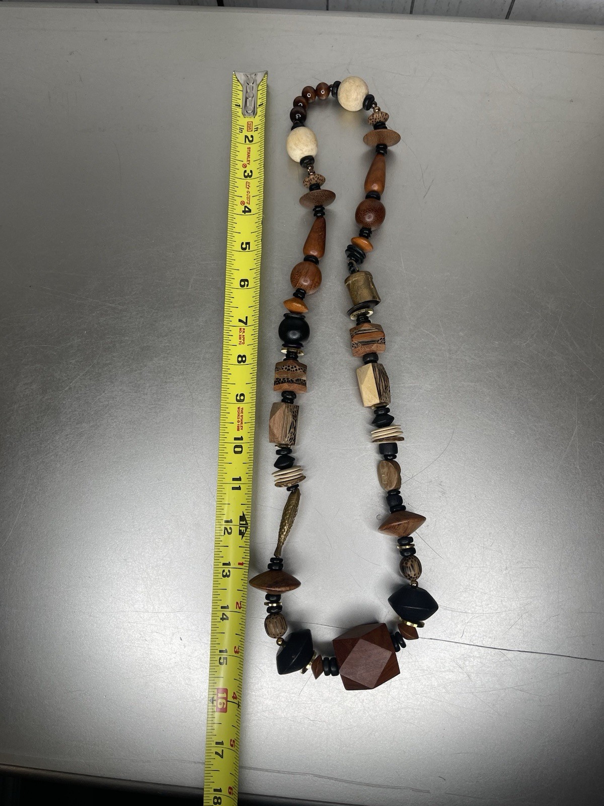 Tribal African Chunky Wooden Bead Carved Abstract Necklace Brown Gold