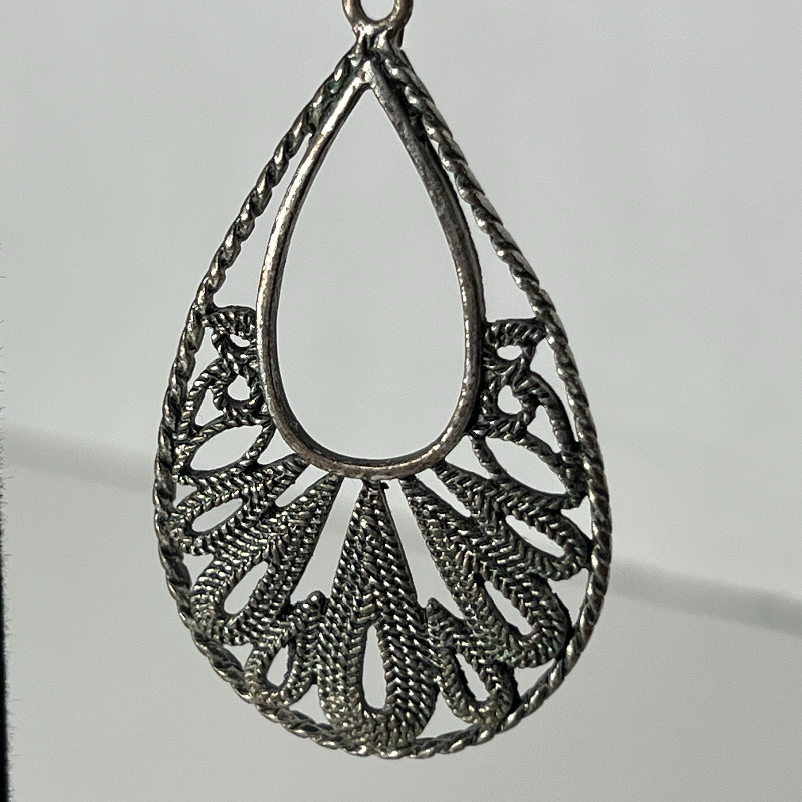 Filigree Tear Drop Dangle Earrings Dark Grey Hook 2 Inches Preowned