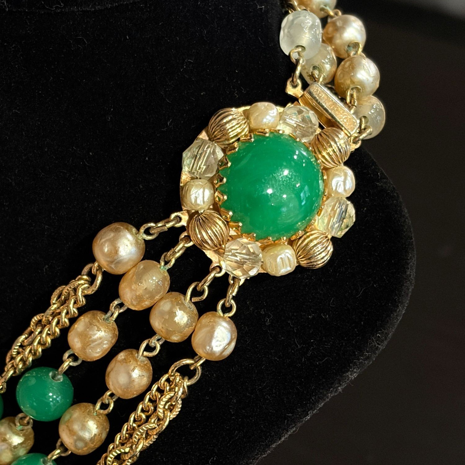 1950s Weiss? Multi Strand Faux Jade Cotton Pearl Crystal Bead Bib Necklace