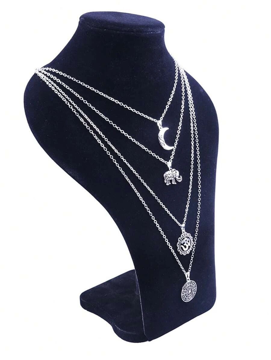 Chic Trendy Boho Multi-Strand Chains Silver Tone Moon Elephant 20-26″ Necklace
