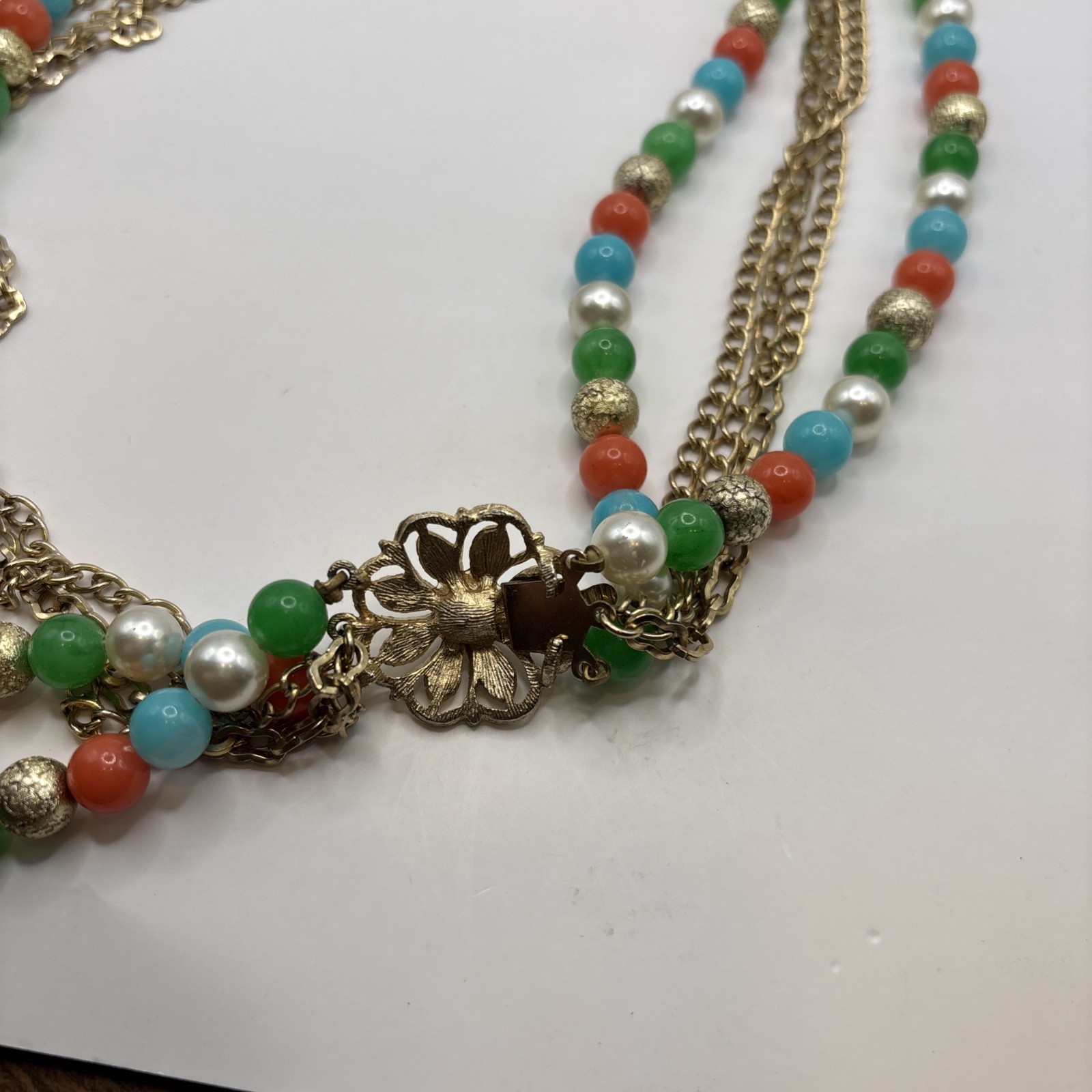 Vintage Gold Toned Multi Strand Necklace, Earring, Bracelet Set Multicolored