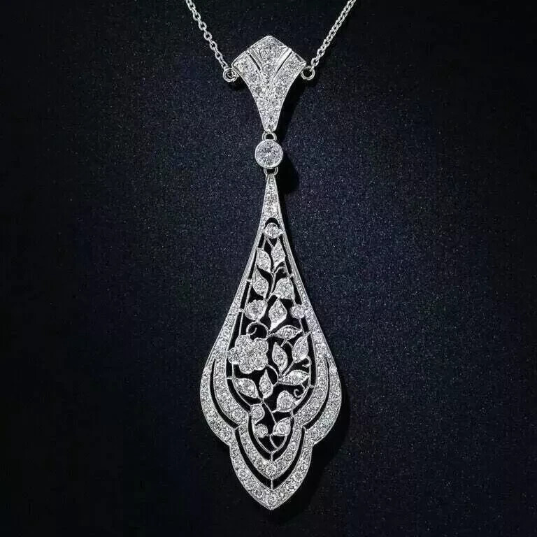 Art Deco Style Round Cut Lab Created Diamond Wedding 14K White Gold FN Pendant