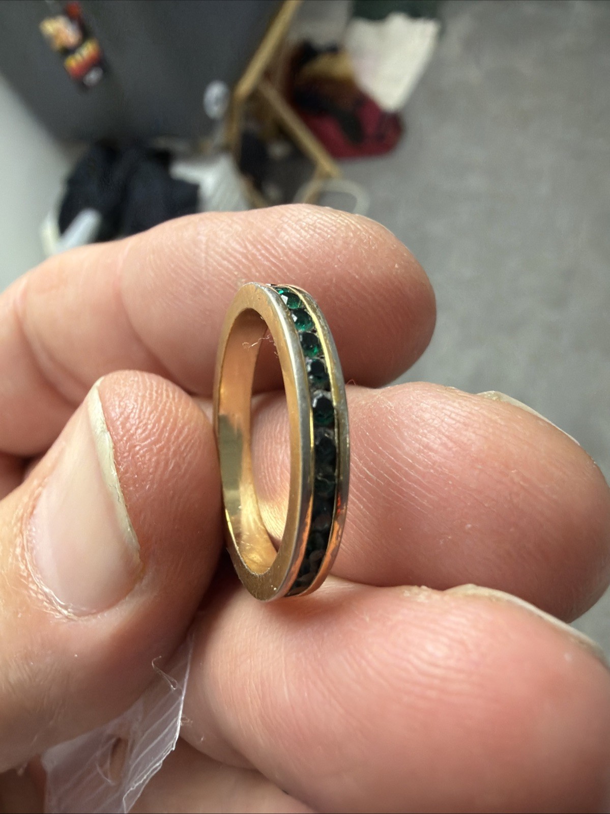 Vintage Gold Plated 3mm Stackable Green Eternity Band Rhinestone Ring 8, 8.25