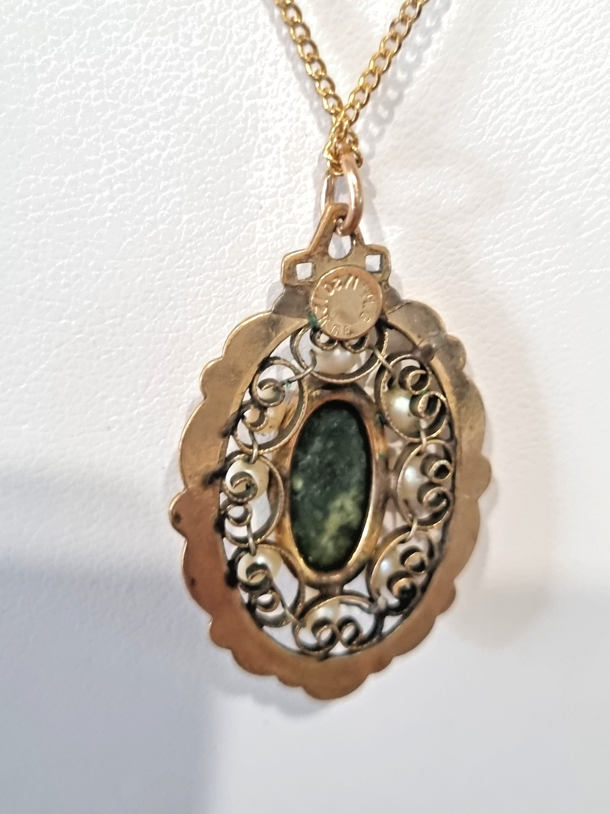 Vintage 12k Gold Fill Real Pearl Genuine Jade Pendant Chain Necklace See Video