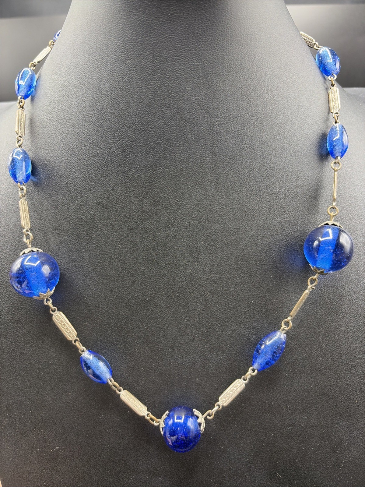 Vtg Antique Art Deco Cobalt Blue Glass Bead Bar Link Necklace 20” Sterling Clasp