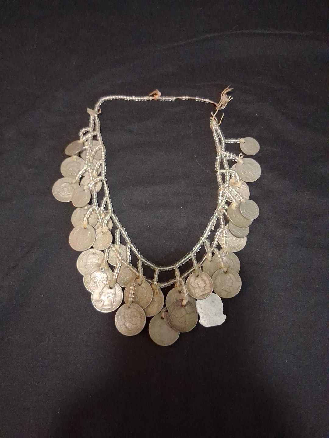 Coins From Around The World Necklace 1930s-60s Clear Beads String Custom Made