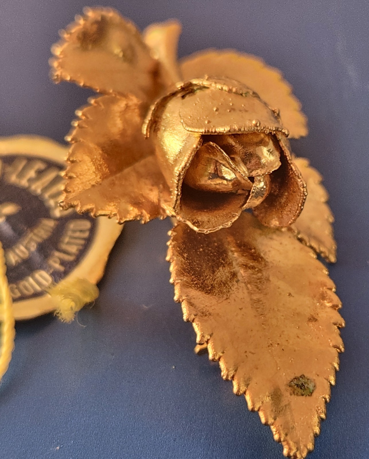 Rose Bud & Leaf Brooch 24ct Gold Plated Vienna Wood Leaves Austria