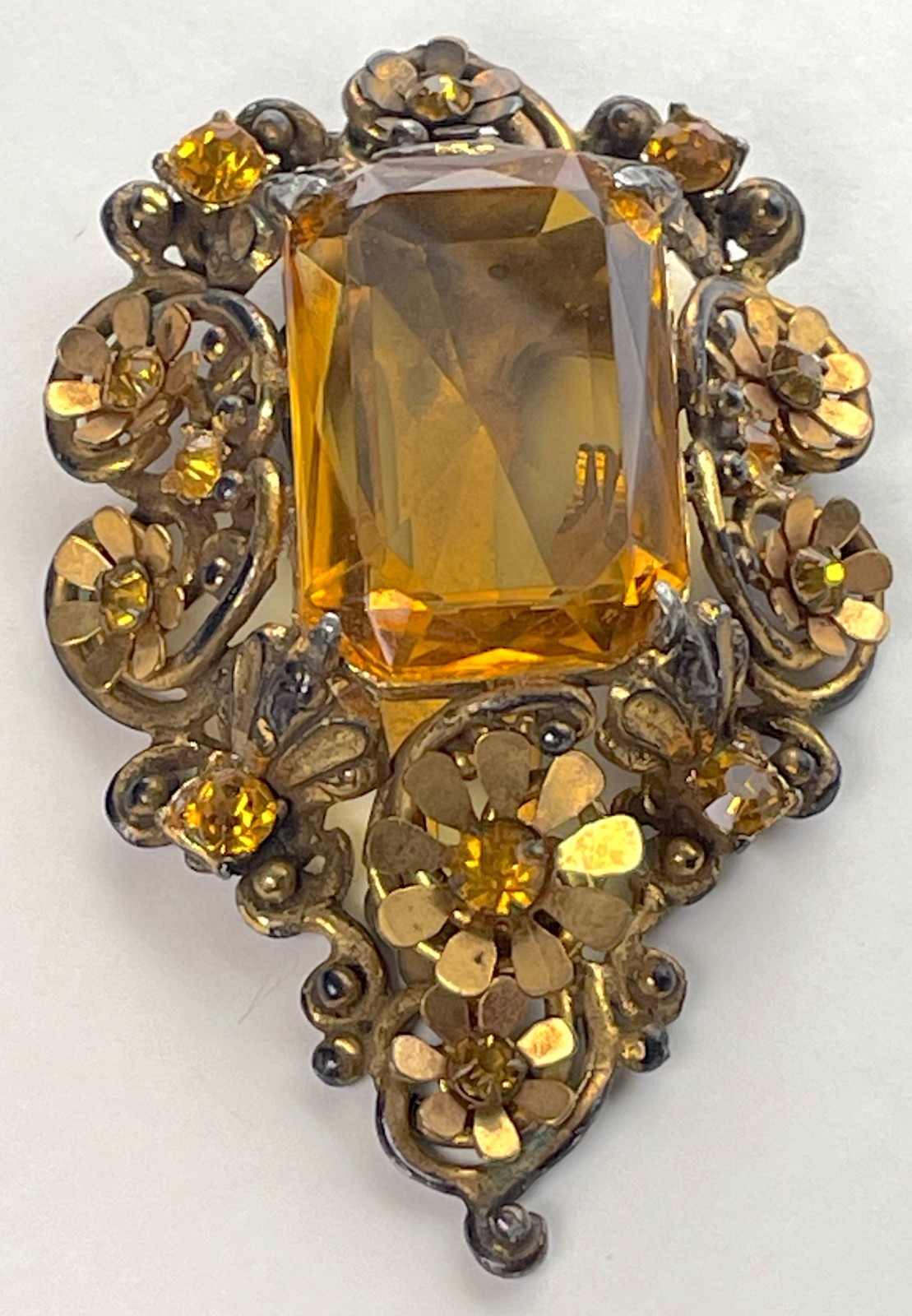 Victorian Clip Brooch | Massive Faux Citrine in Goldtone Metal – Astonishing!