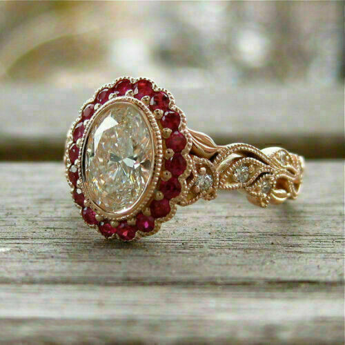 3.5Ct Art Deco Style Lab Created Diamond & Ruby Engagement 14K Rose Gold FN Ring