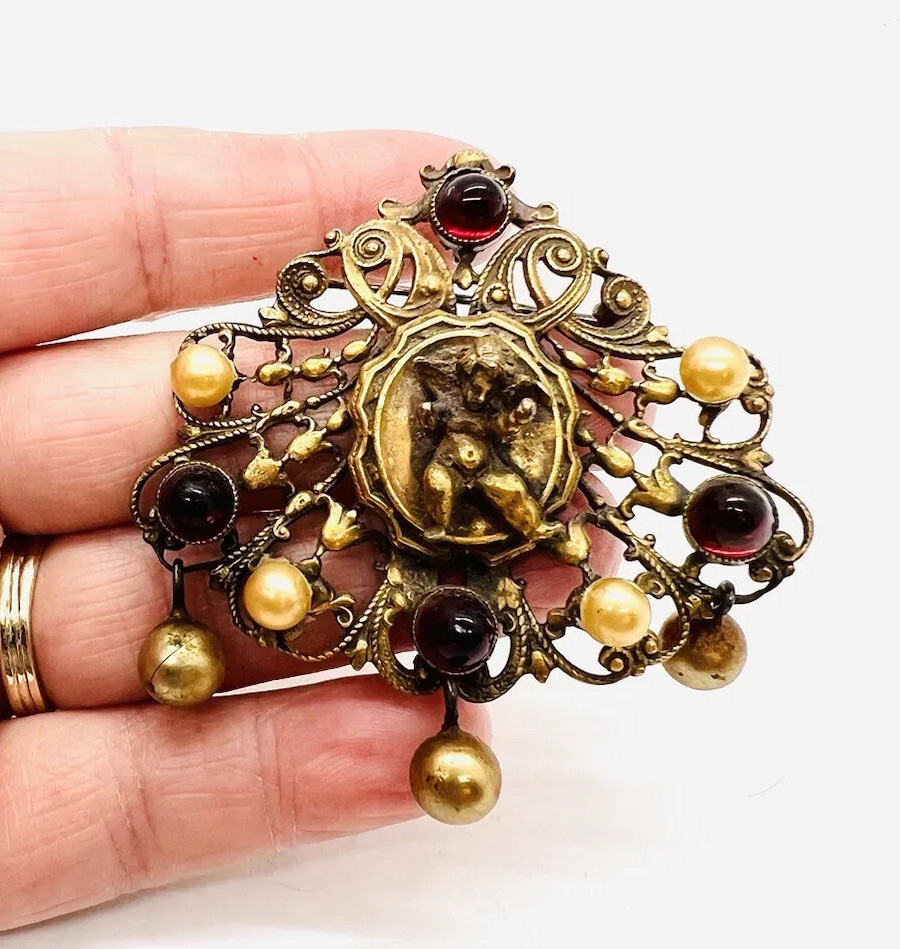 JOSEFF of HOLLYWOOD Cherub Red Bullet Glass Brooch Signed Vintage Jewelry