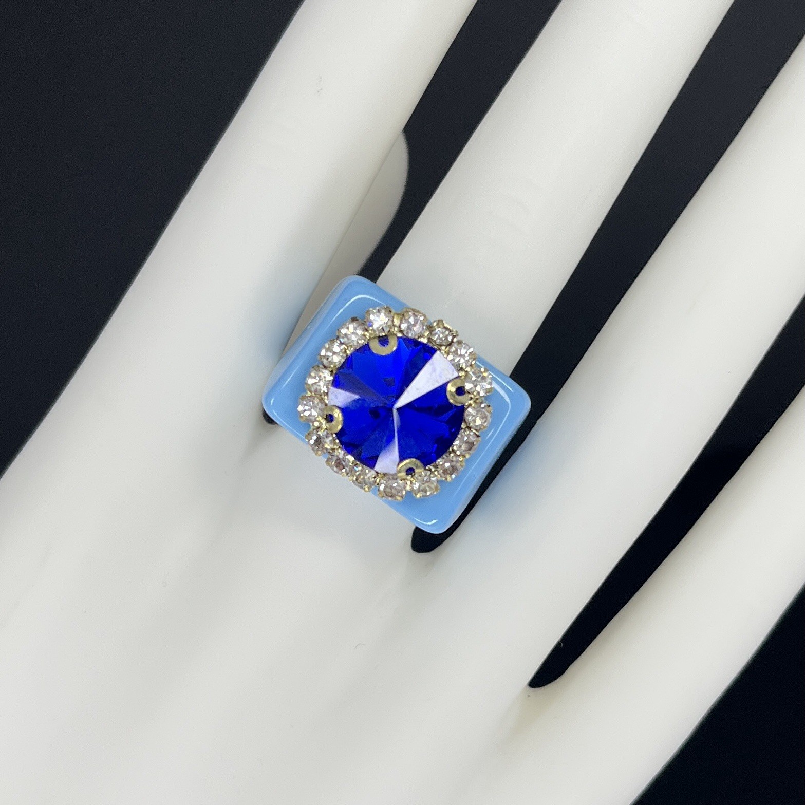 Chunky Lucite Ring Blue Rhinestone Size 7.5 Statement Retro
